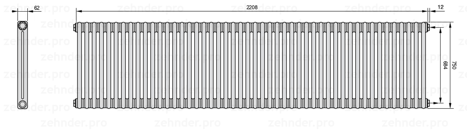 Схема (чертеж) Радиатор Zehnder Charleston 2075/48 №7610 Белый глянцевый RAL 9016
